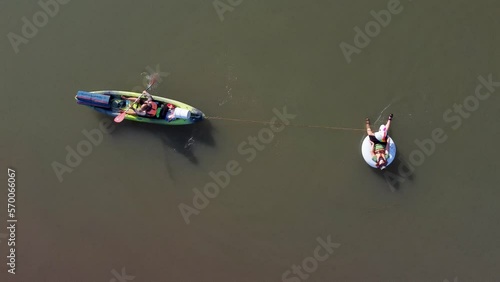 Sea of Galilee, Israel - 4 November 2022: Aerial view of people kayaking in a lake. photo