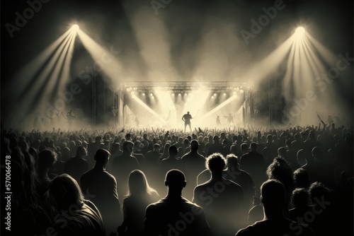 Illustration of crowd looking towards a stage at a rock concert © Pete