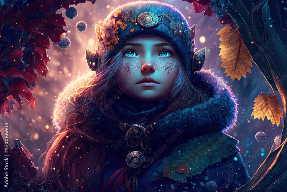 a painting of a girl wearing a hat and a fur coat surrounded by nature