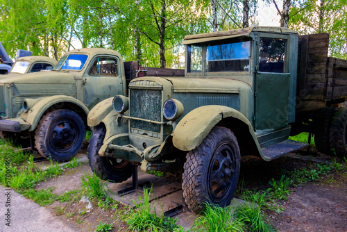 Rusty soviet retro trucks in Open air Museum of Folk Architecture and Folkways of Middle Naddnipryanschina in Pereyaslav, Ukraine