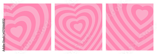 Set of 3 Stylized Concentric Hearts, Romantic Backgrounds. Square Compositions of Pink Color Centered Around Zooming Heart, Holiday Graphics.