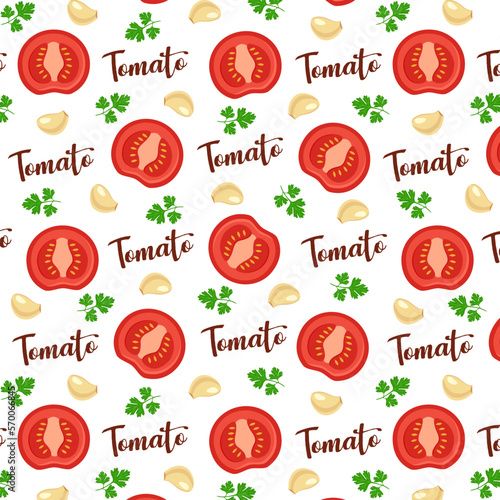 tomatoes pattern with garlic and parsley on a white background. Food seamless print for menu, cafe, restaurant, kitchen Fresh vegetables.
healthy and organic meal. Vector illustration