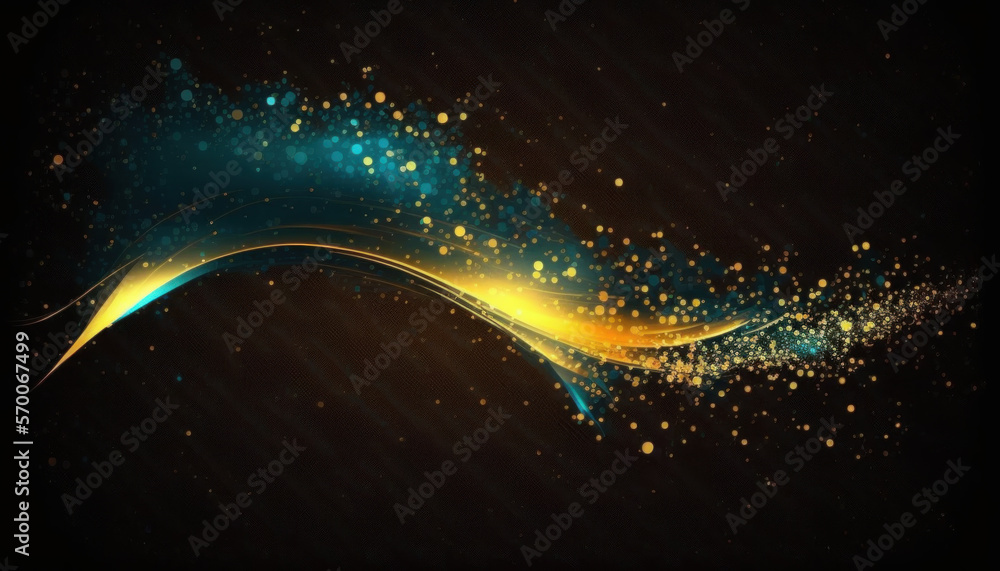 Blue and golden sparkling and shining particles solid black background. Generative AI.	