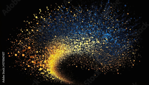 Blue Cyan and golden sparkling particles solid black background. Generative AI. 