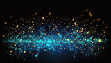 Blue and golden sparkling glowing particles solid black background. Generative AI.	