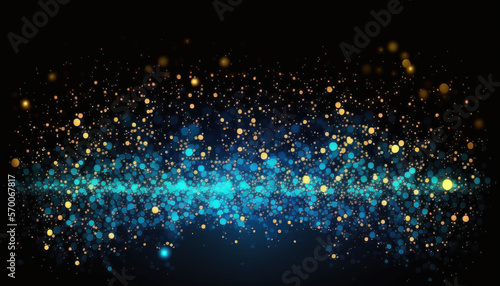 Blue and golden sparkling glowing particles solid black background. Generative AI. 