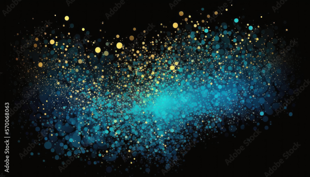 Blue and golden sparkling particles solid black background. Generative AI.	