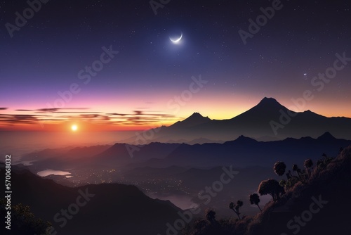 This photo was captured on Bali (Indonesia) just before the sunrise from the peak of Mt. Batur (1,717 m) with a view of Abang (2,151 m). To the left from it is a dazzling Venus. Generative AI photo
