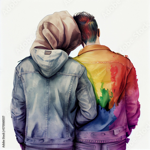 lgbt, same-sex relationships and homosexual concept - close up of hugging male couple wearing gay pride rainbow awareness wristbands