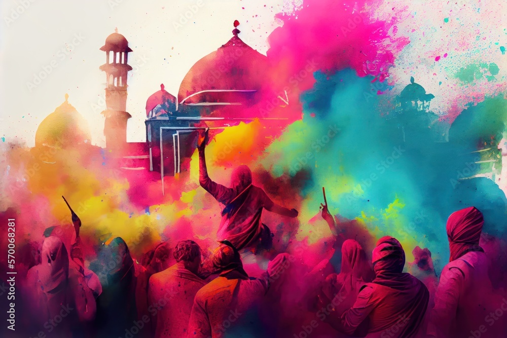 People celebrating the Holi festival of colors in Nepal or India outdoor on the streets. Traditional Gulal color paint powder for Holi. Watercolor style. 