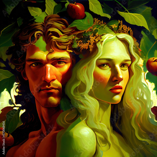 man, woman and the forbidden apple, Adam & Eve concept, artists conceptualization, ai generated