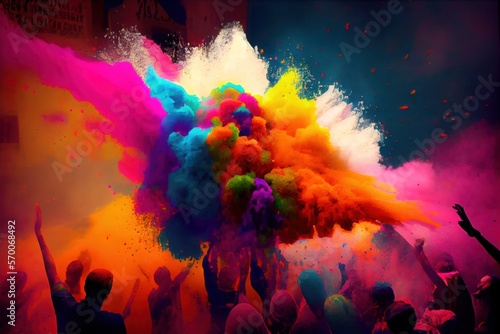 People celebrating the Holi festival of colors in Nepal or India outdoor on the streets. Traditional Gulal color paint powder for Holi.