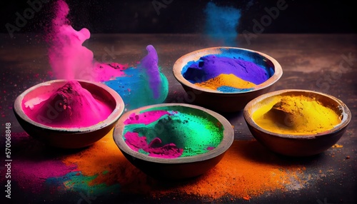 Holi Gulal color powder. Organic traditional Indian colors in bowl for Holi festival of colors, Hindu tradition festive.  © Ilia