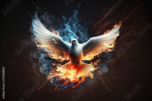 Billede på lærred Pentecost background with flying dove and fire. Generative AI.