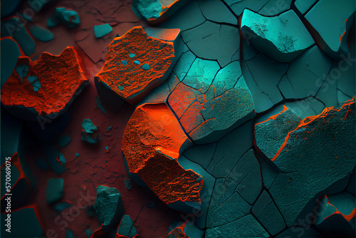 Dark orange and blue green teal stone background. Gradient.Toned rough stone surface texture. Colorful backdrop with copy space for design. Wide banner. Panoramic. High quality ai generated