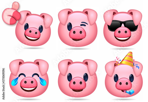 Set de Emoticonos de cerditos con expresión de divertida aislados sobre fondo blanco