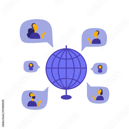 Vector flat illustration. People all over the world communicate video and internet. Online communication, video conferencing, online meeting, internet, distance communication concept