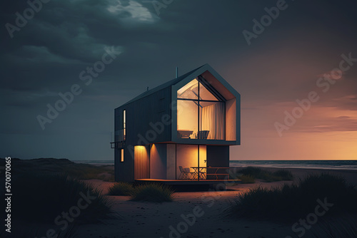 Small luxury modern beach house. Beach house. generative ai. Modern scandinavian architecture. Minimalistic villa by the sea © Aquir