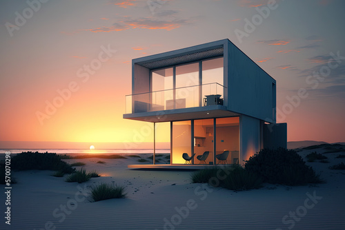 Small luxury modern beach house. Beach house. generative ai. Modern scandinavian architecture. Minimalistic villa by the sea