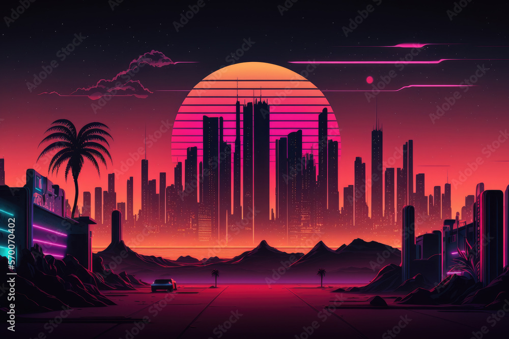 Retro futuristic synthwave retrowave styled night cityscape with sunset on background