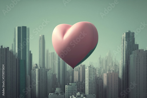 Balloon in shape of heart in miidle of city. Love. Valentine day. Generative AI