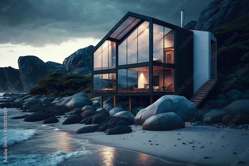 Small luxury modern beach house. Beach house. generative ai. Modern