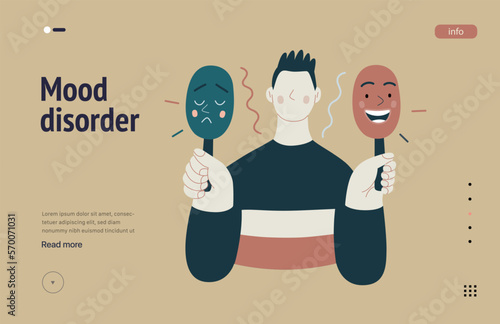Mental disorders web template. Mood disorder - modern flat vector illustration of a man choosing between two mood extrems. People emotional, psychological, mental traumas concept