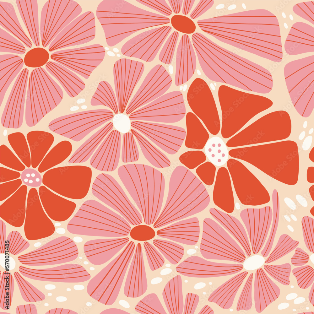 Retro floral seamless pattern. Abstract Groovy Daisy Flower on beige ...