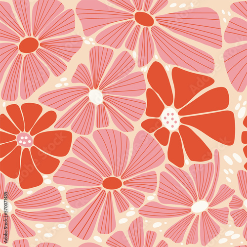 Retro floral seamless pattern. Abstract Groovy Daisy Flower on beige background. Vector Illustration. Aesthetic Modern Art for wallpaper, design, textile, packaging, decor