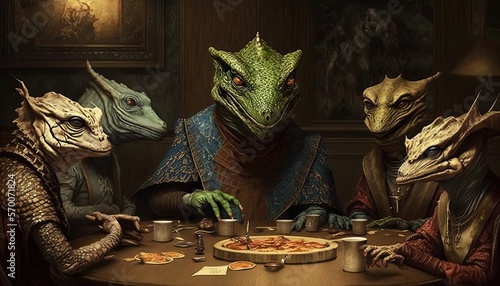 A council of lizard people conspiring at a table Generative AI photo