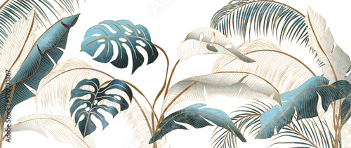 Abstract luxury tropical art background with palm leaves and monstera in gold and blue. Botanical banner for decor, print, textile, wallpaper, interior design.