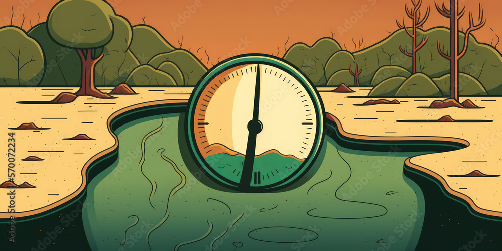 In the river, there is a water depth meter, gauge, or staff gauge. River water is really low. climate change Water shortage or scarcity brought on by the heat. Governmental metrics. Climate and crisis - obrazy, fototapety, plakaty 