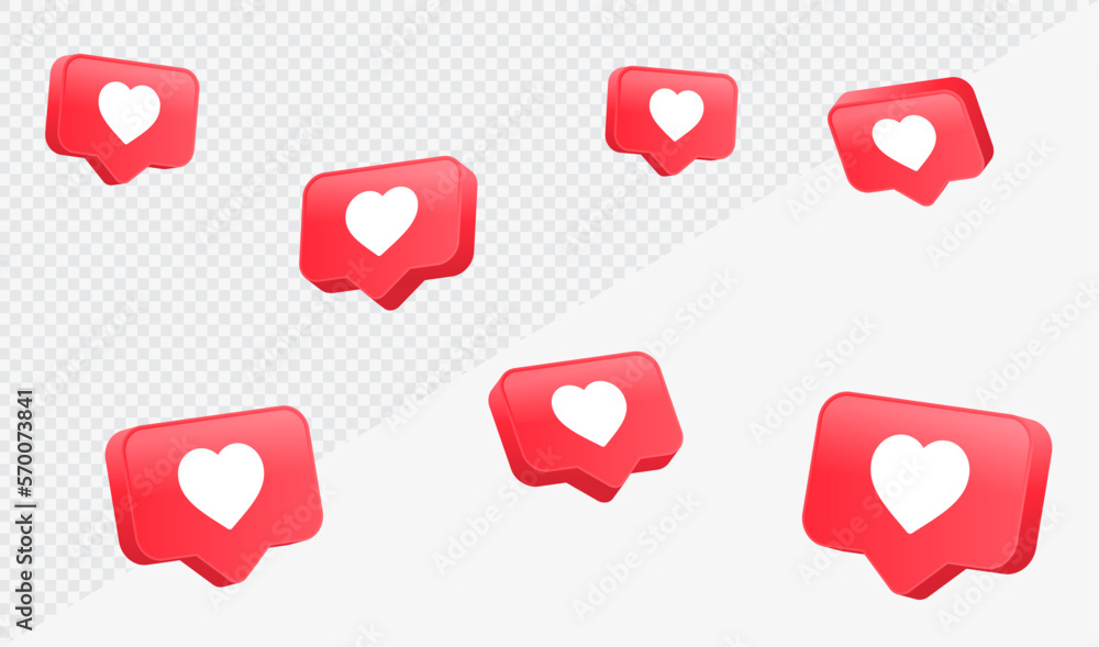 Heart in 3d speech bubble icon background. like heart social media notification icons 3d modern, love like chat bubbles social network post reactions - favorite hearts, 3d rendering, 3d illustration - obrazy, fototapety, plakaty 