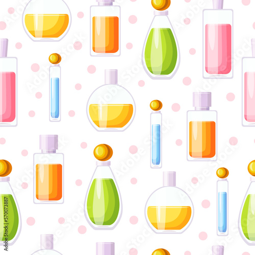 Seamless pattern with beautiful perfume bottles in cartoon style. Vector illustration of pattern with perfume for wrapping paper, gifts, textile isolated on white background.