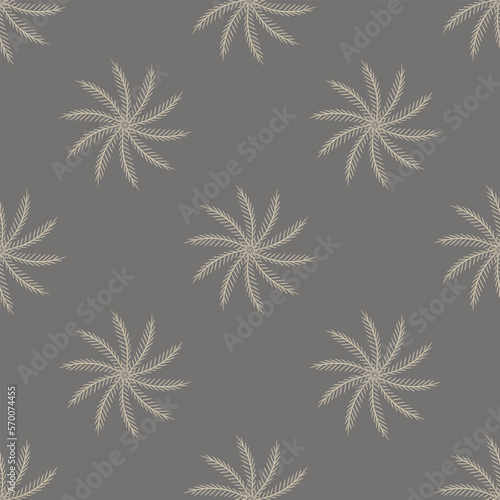 Seamless geometrical pattern with abstract round spiral mandalas. White silhouettes on gray background. © Olena
