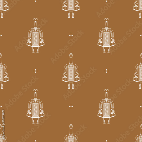Seamless monochrome ethnic pattern with ancient Greek female figurines. Bell idol from Thebes, Boeotia.
