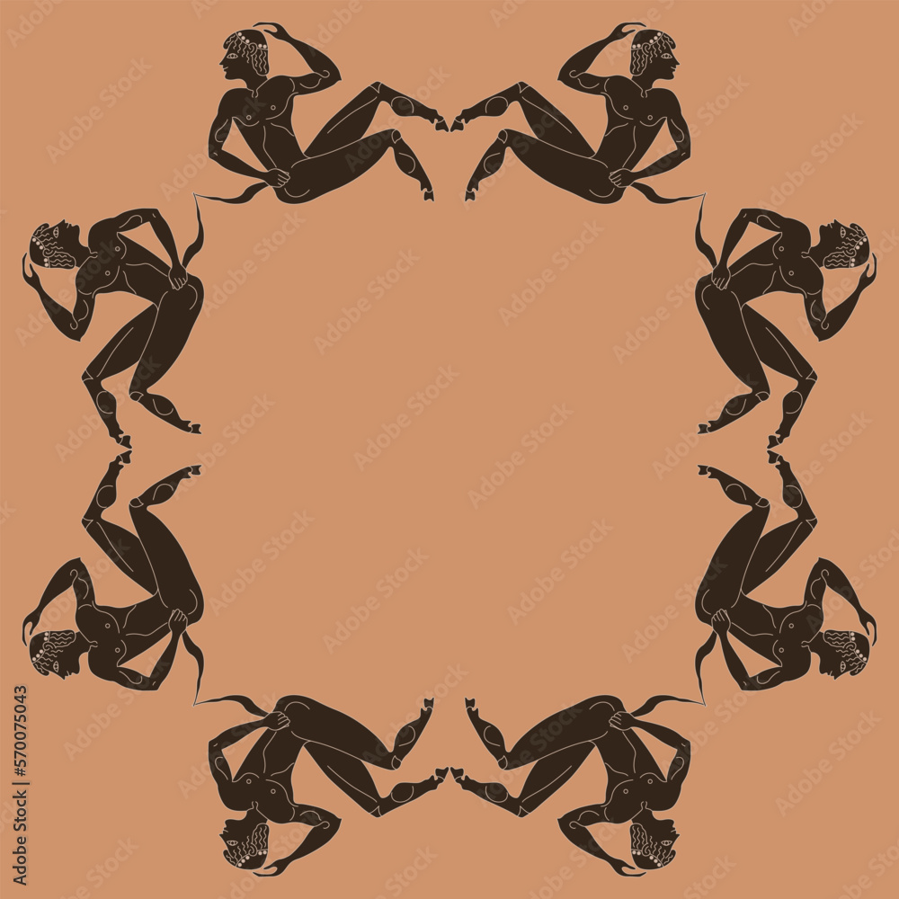 Geometrical frame or mandala with ancient Greek satyrs. Vase painting style. Monochrome silhouette. Geometrical frame or mandala with ancient Greek satyrs. Vase painting style. Monochrome silhouette.