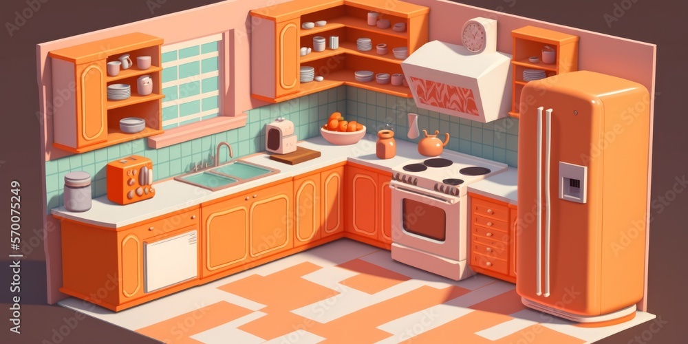 Orange kitchen with a marble counter, equipped with cooker, oven, fridge. Generative AI Orange kitchen with a marble counter, equipped with cooker, oven, fridge. Generative AI