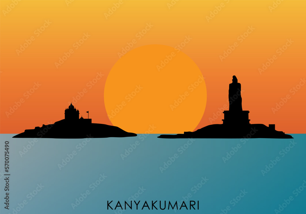 illustration of a silhouette of the Kanyakumari sunrise with Thiruvalluvar statue and Vivekanandha Memorial