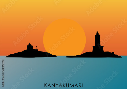 illustration of a silhouette of the Kanyakumari sunrise with Thiruvalluvar statue and Vivekanandha Memorial photo