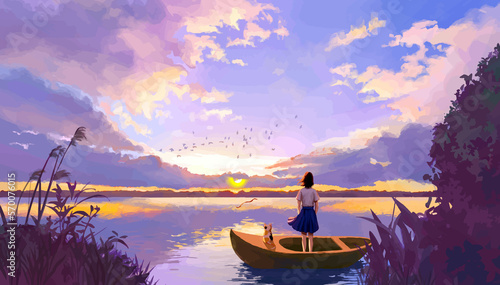 This picture shows a beautiful girl and a cat together in a boat on the river watching sunset. It also has nice atmosphere, with sun and beautiful birds in the sky and nice clouds.
