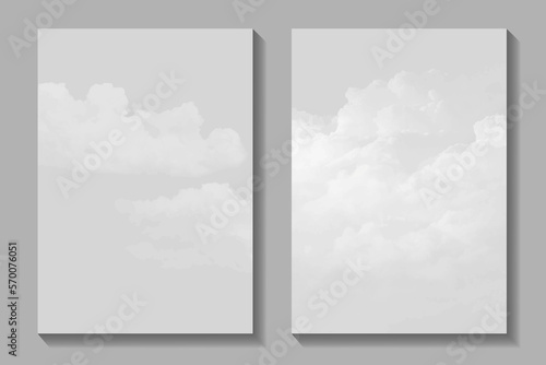 Grey vector art background with white clouds for flyer, card, poster, cover or design interior. Hand drawn vector texture. Heaven. Watercolor illustration. Abstract set grey template.