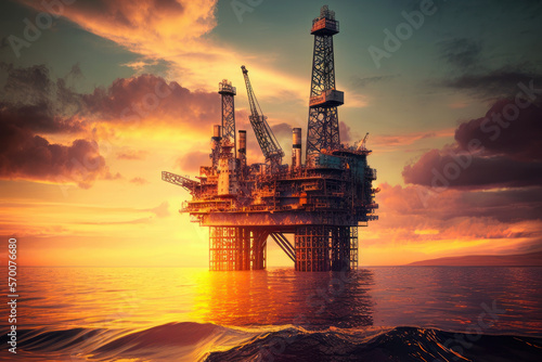 Industrial oil rig on calm ocean at sunset (Generative AI) © senadesign