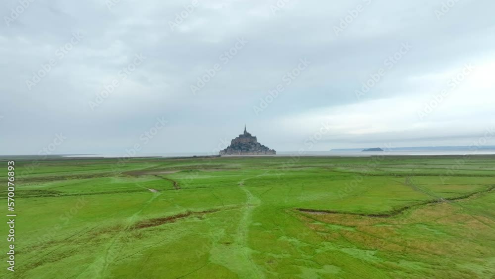 Aerial view of Mont Saint Michel, a tidal island and mainland commune in Normandy, France.  in Normandy, France.