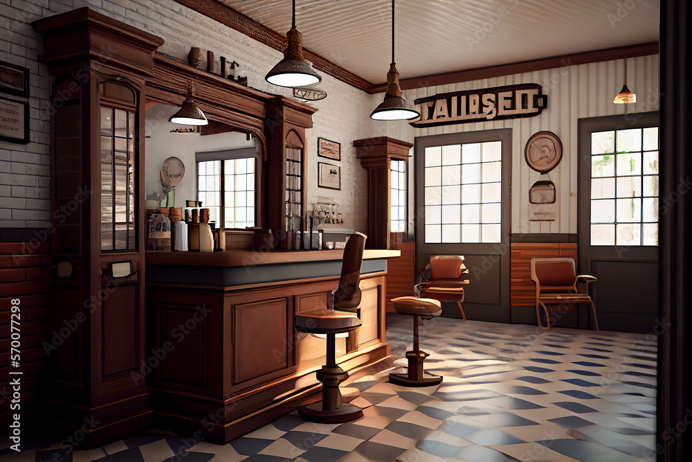 A vintage 1970 barbershop interior design, focus on capturing the ...
