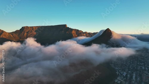 Aerial view of Table Mountain with low clouds in Cape Town, Western Cape, South Africa.