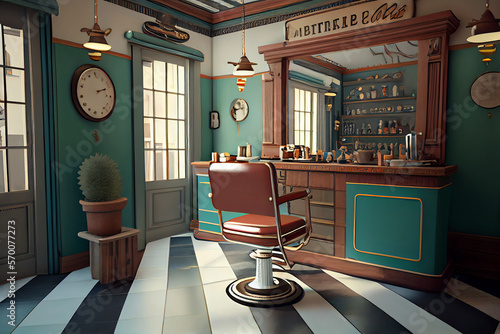 A vintage 1970 barbershop interior design, focus on capturing the unique atmosphere of a classic barbershop from that era. An earthy and muted color palette evokes a sense of nostalgia. Generative AI