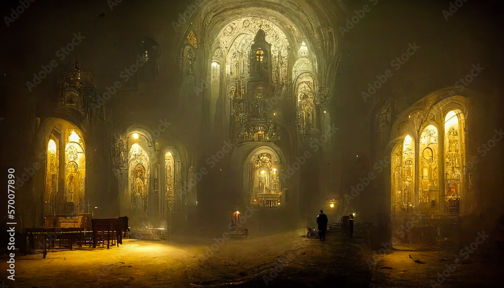 Beautiful gothic architecture inside a mystical religious building. A perfect photo for graphic designs or to communicate strong and spiritual words. Generative AI
