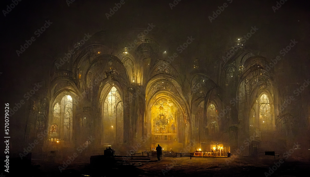 A religious building of gothic architecture, whose interior intrudes a sacred and mystical atmosphere. Suitable for artistic, spiritual or poetic purposes. Generative AI