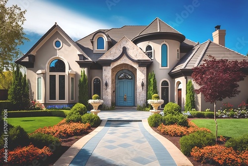 Beautiful luxury home with nice landscaping. AI Generative Illustrations photo